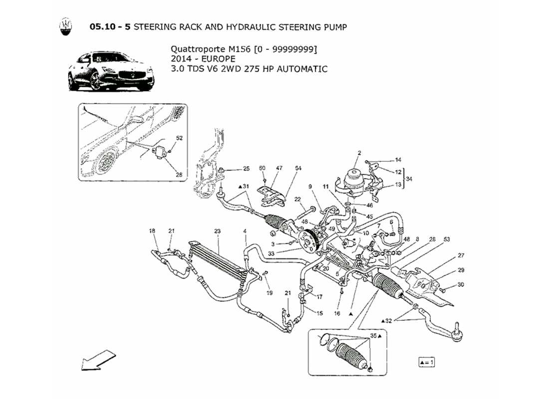 maserati qtp. v6 3.0 tds 275bhp 2014 cremagliera sterzo e pompa idraulica dello sterzo schema delle parti