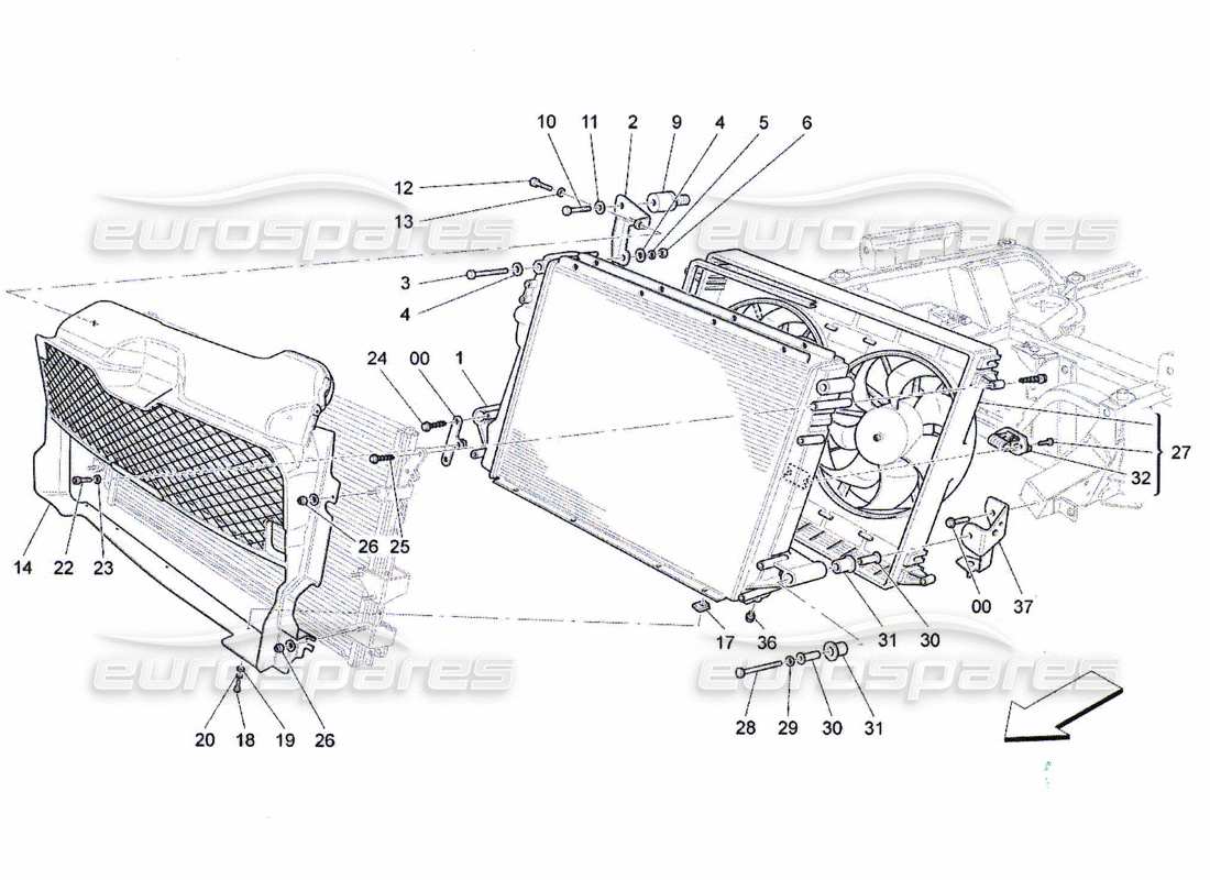 maserati qtp. (2010) 4.7 raffreddamento: diagramma delle parti dei radiatori dell'aria e dei condotti