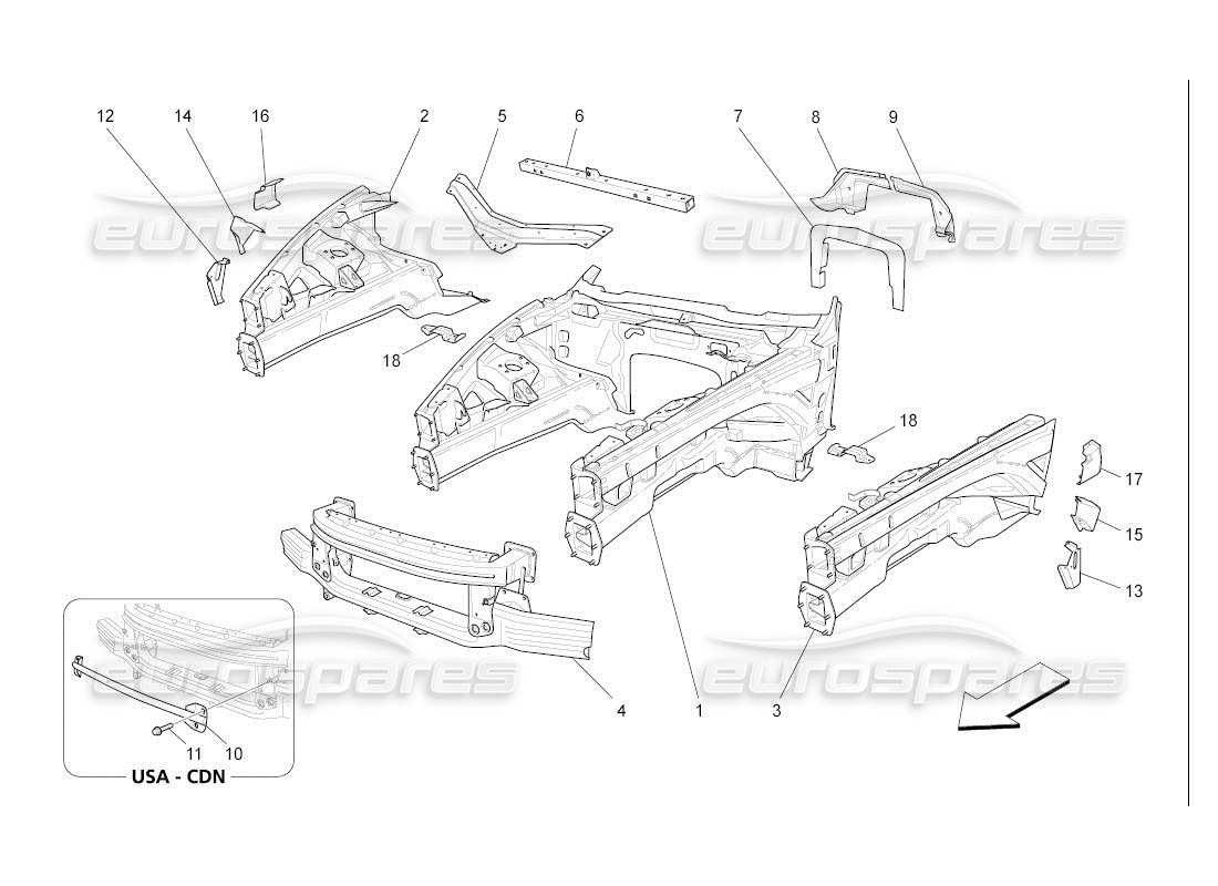 maserati qtp. (2007) 4.2 auto telai strutturali e pannelli in lamiera anteriori diagramma delle parti