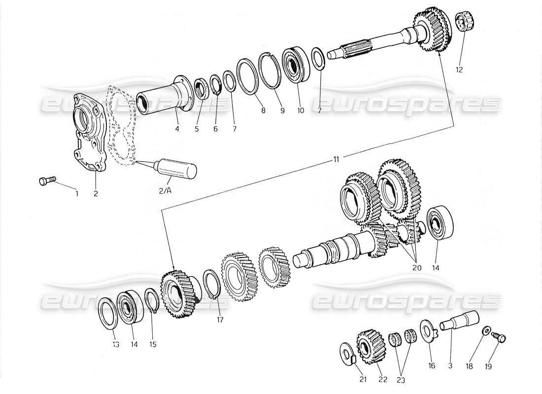 maserati 228 trasmissione: diagramma delle parti dell'albero di rinvio e della trasmissione diretta