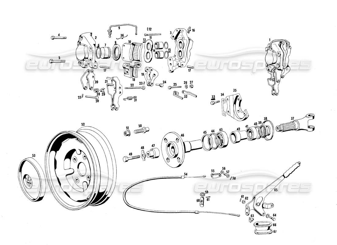 maserati qtp.v8 4.7 (s1 & s2) 1967 diagramma delle parti di ruote posteriori e freni
