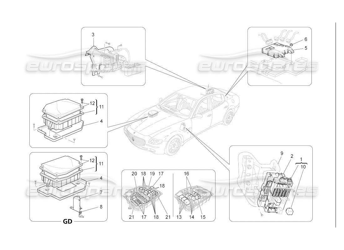 maserati qtp. (2007) 4.2 auto schema delle parti di relè, fusibili e scatole