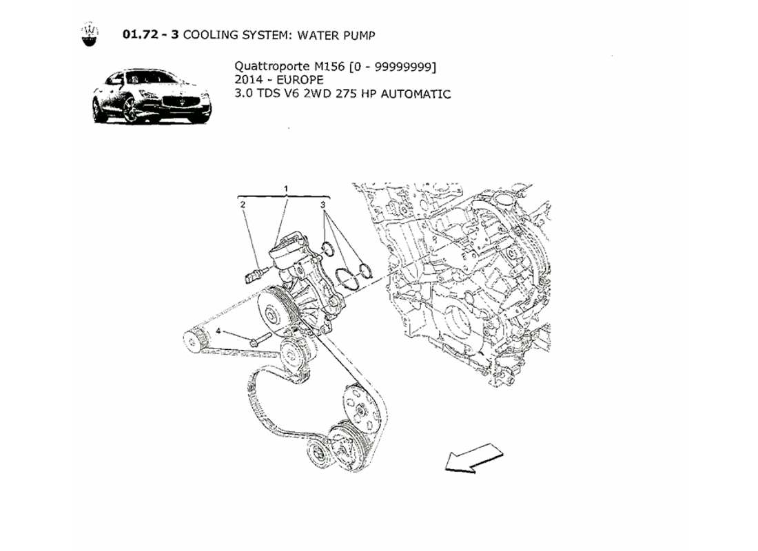 maserati qtp. v6 3.0 tds 275bhp 2014 sistema di raffreddamento: diagramma delle parti della pompa dell'acqua