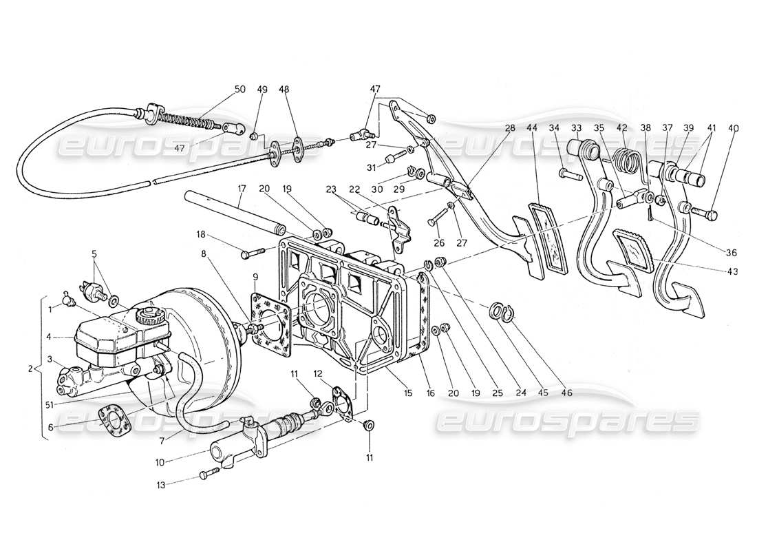 maserati 228 diagramma delle parti del gruppo pedale - pompa frizione servofreno (sterzo meccanico sinistro).