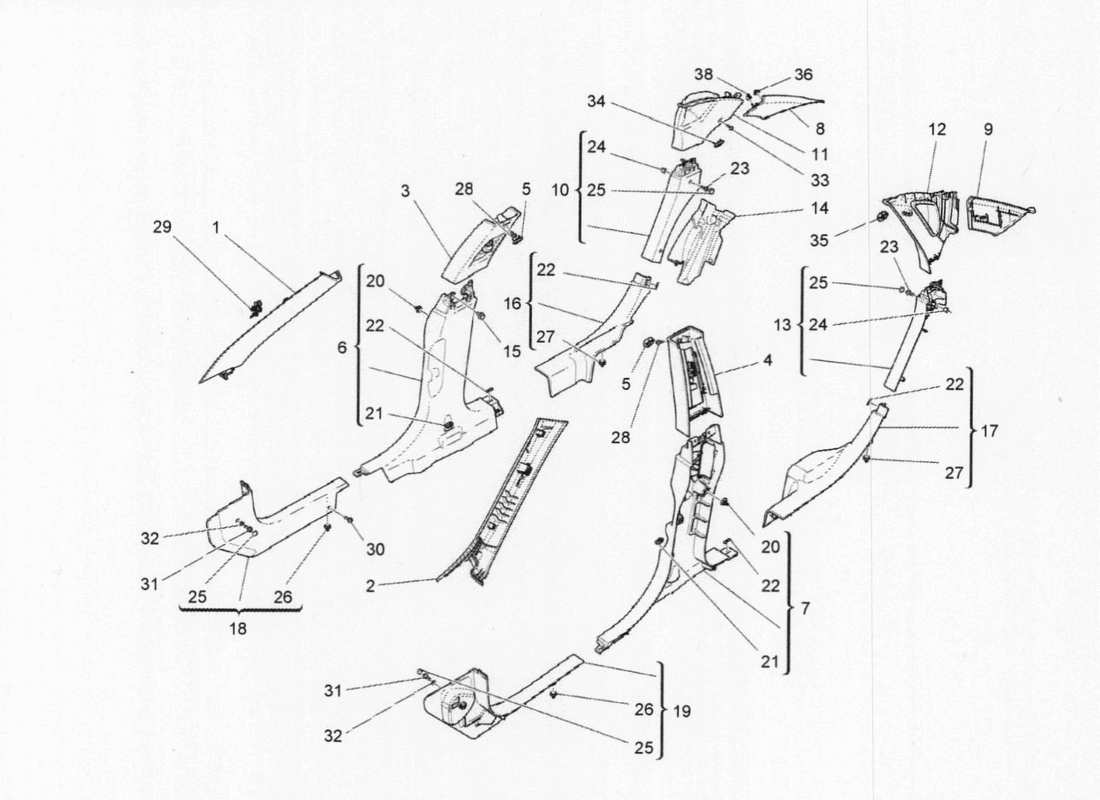 maserati qtp. v6 3.0 bt 410bhp 2015 diagramma delle parti del rivestimento del montante dell'abitacolo e dei pannelli laterali