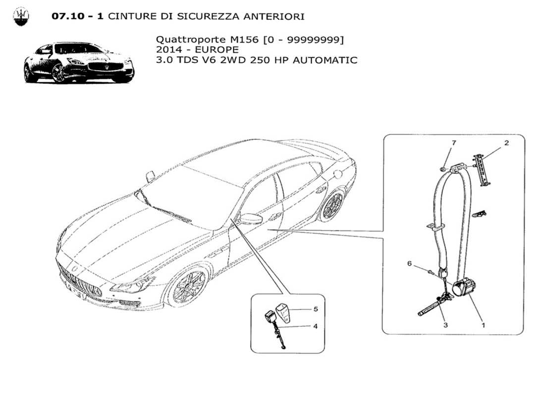 maserati qtp. v6 3.0 tds 250bhp 2014 diagramma delle parti delle cinture di sicurezza anteriori