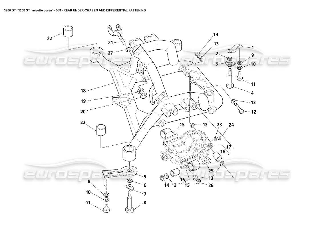 maserati 3200 gt/gta/assetto corsa schema delle parti di fissaggio del sottotelaio posteriore e del differenziale