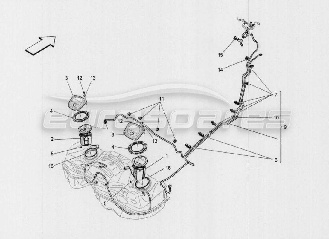 maserati qtp. v8 3.8 530bhp auto 2015 diagramma delle parti delle pompe del carburante e delle linee di collegamento