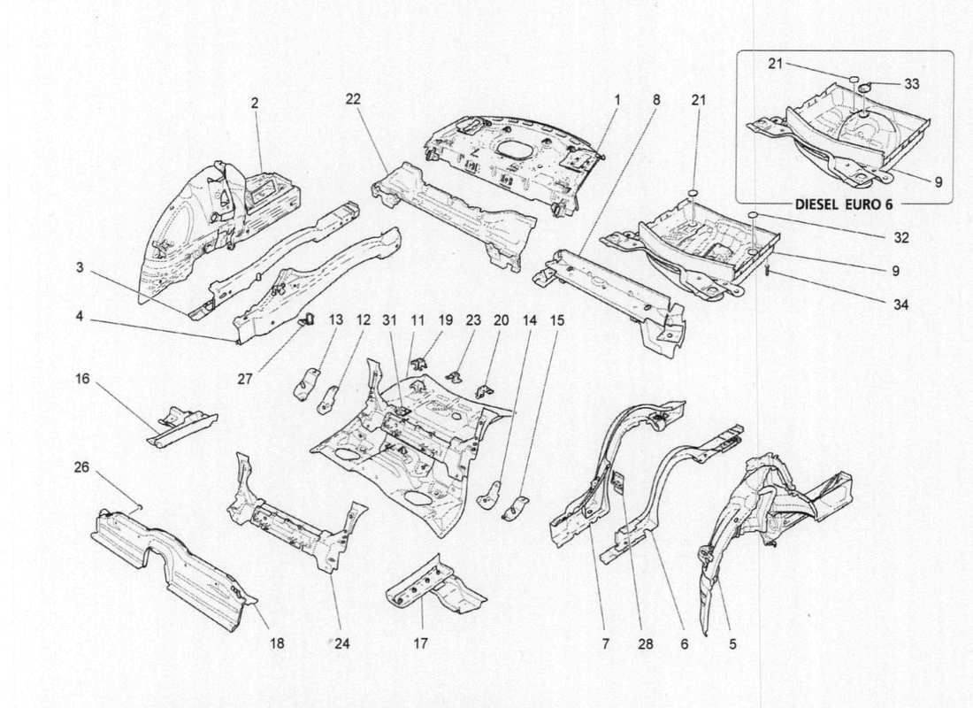 maserati qtp. v6 3.0 bt 410bhp 2015 schema delle parti dei telai strutturali posteriori e dei pannelli in lamiera