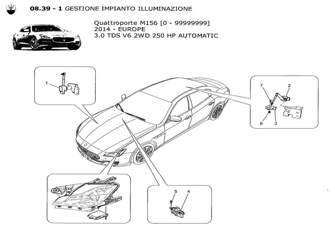 maserati qtp. v6 3.0 tds 250bhp 2014 diagramma delle parti di controllo del sistema di illuminazione
