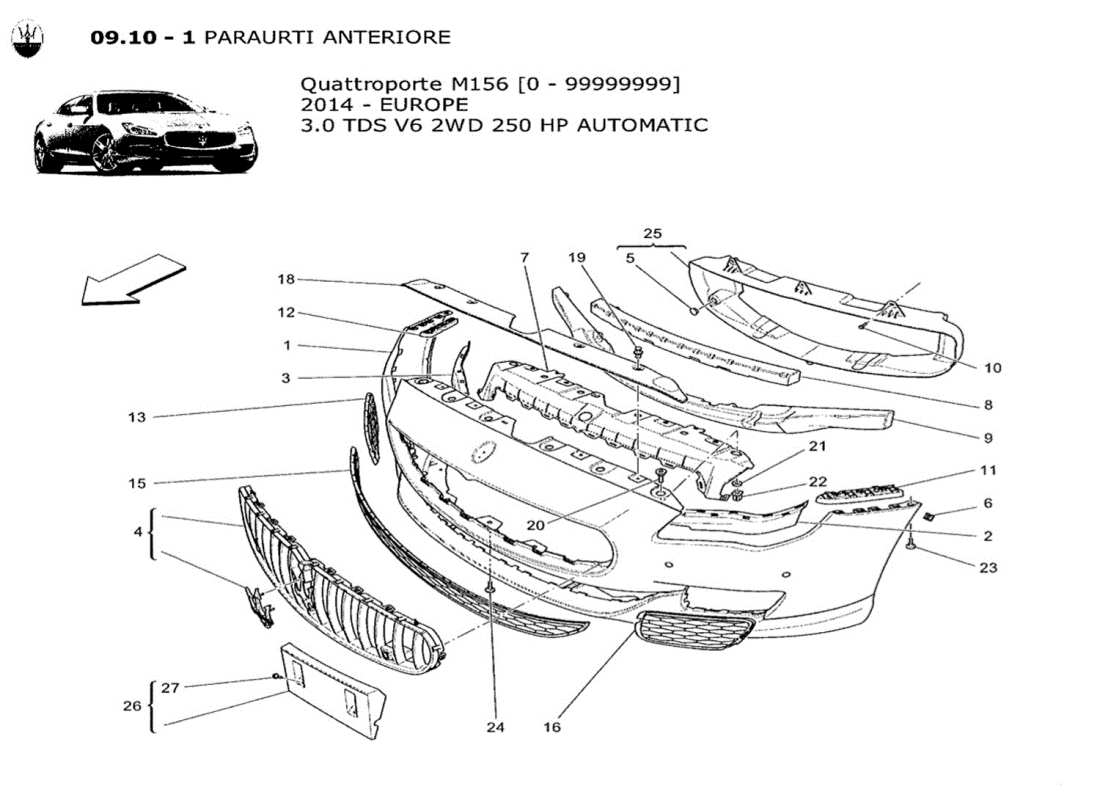 maserati qtp. v6 3.0 tds 250bhp 2014 schema delle parti paraurti anteriore