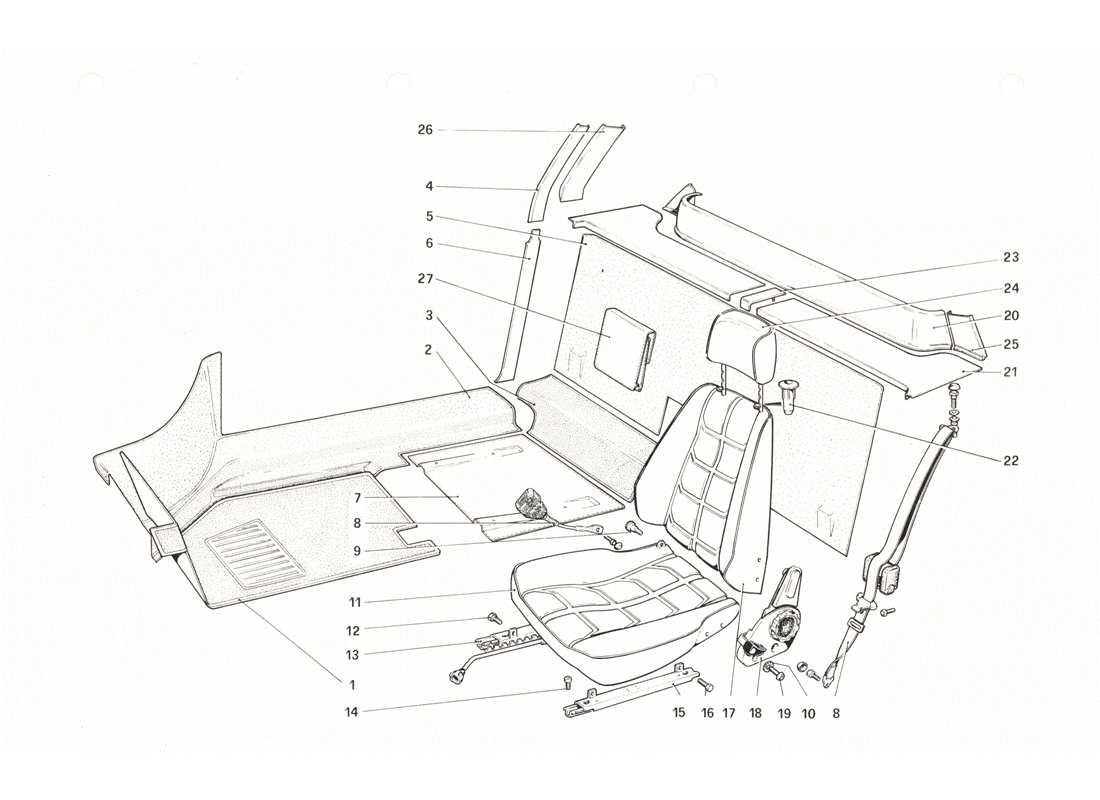 ferrari 208 gtb gts schema delle parti di rivestimenti interni, accessori e sedili