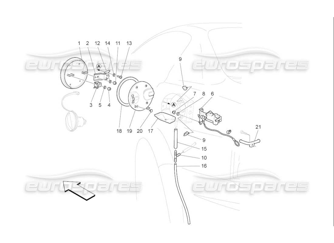 maserati qtp. (2009) 4.7 auto schema delle parti dello sportello del serbatoio del carburante e dei controlli