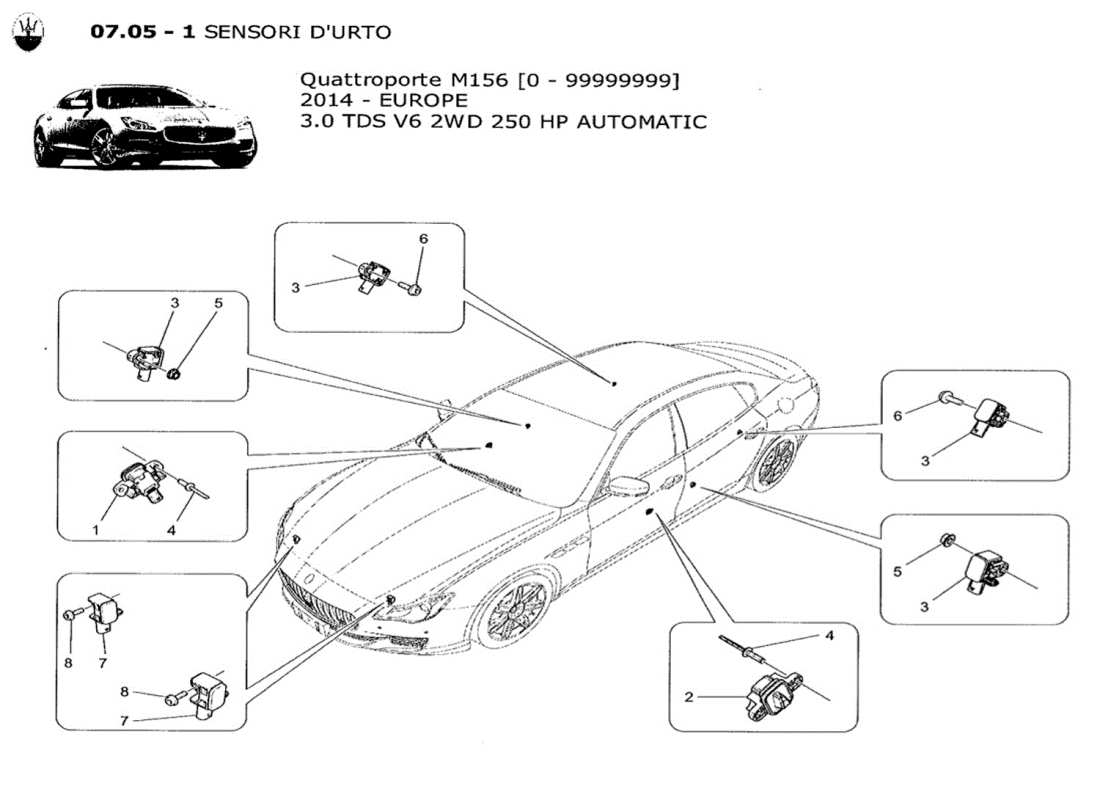 maserati qtp. v6 3.0 tds 250bhp 2014 diagramma delle parti dei sensori di collisione