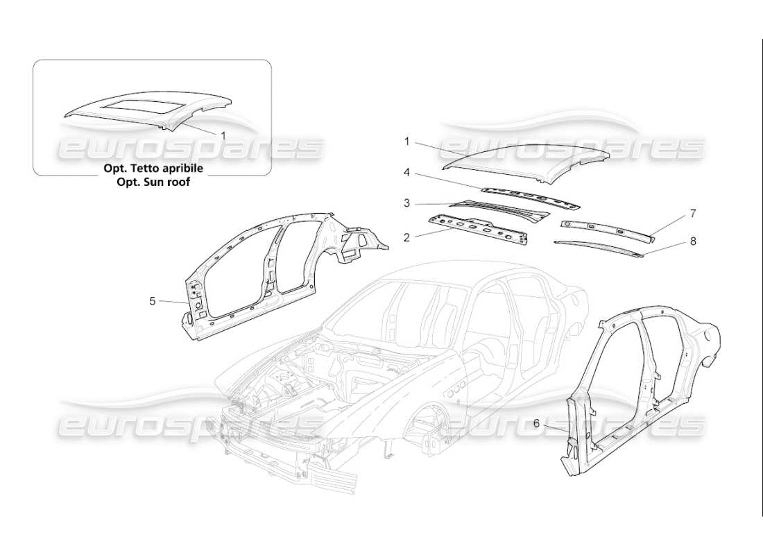 maserati qtp. (2010) 4.7 auto schema delle parti della carrozzeria e dei pannelli di rivestimento esterni centrali