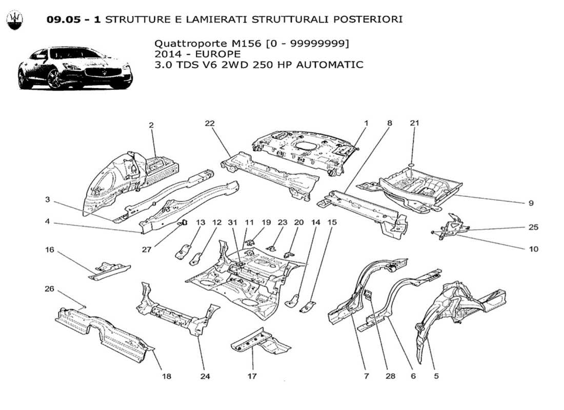 maserati qtp. v6 3.0 tds 250bhp 2014 schema delle parti dei telai strutturali posteriori e dei pannelli in lamiera