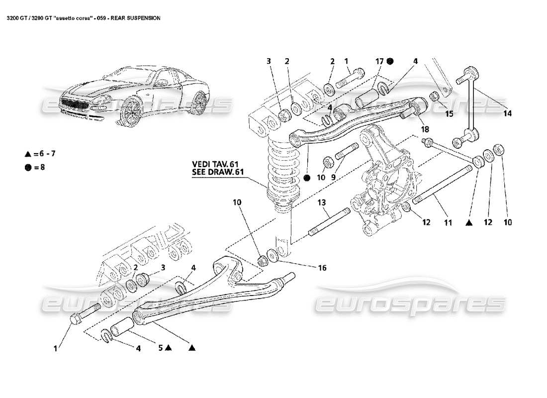 maserati 3200 gt/gta/assetto corsa sospensione posteriore diagramma delle parti
