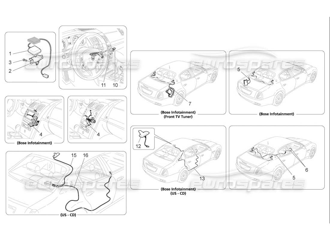 maserati qtp. (2009) 4.7 auto schema delle parti del sistema di ricezione e connessione