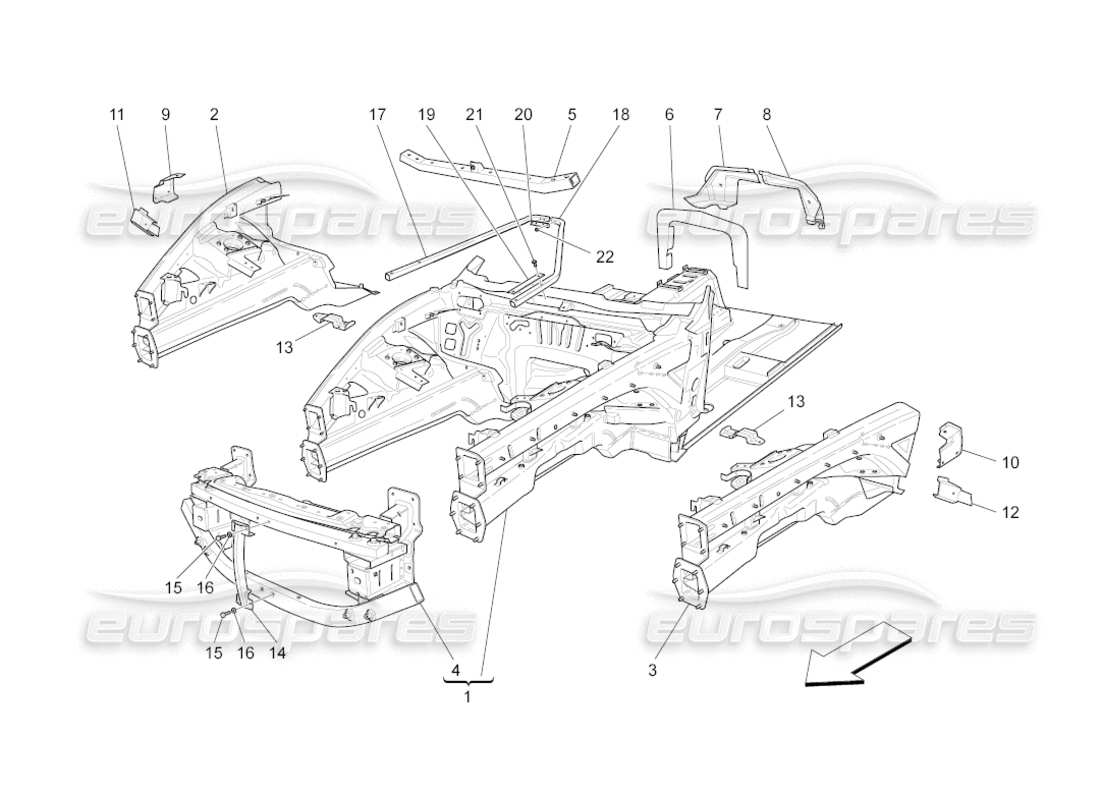maserati grancabrio (2010) 4.7 schema delle parti dei telai strutturali anteriori e dei pannelli in lamiera