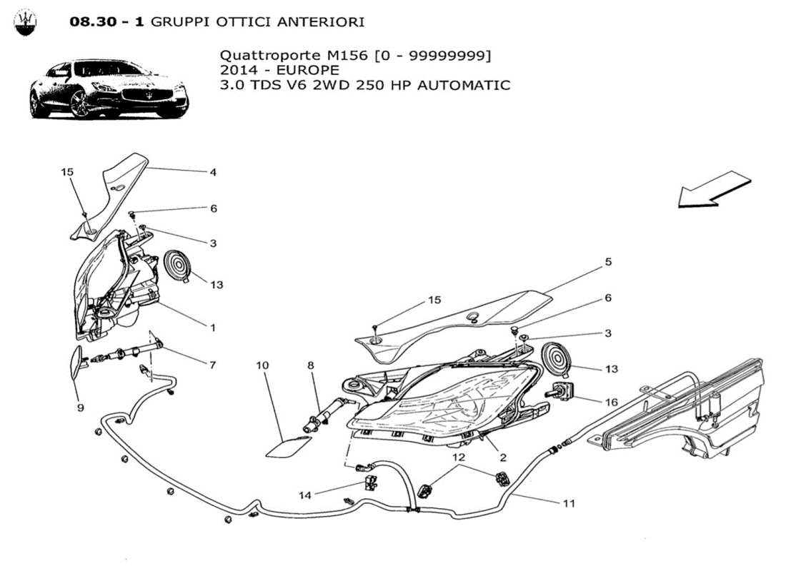 maserati qtp. v6 3.0 tds 250bhp 2014 diagramma delle parti dei gruppi ottici