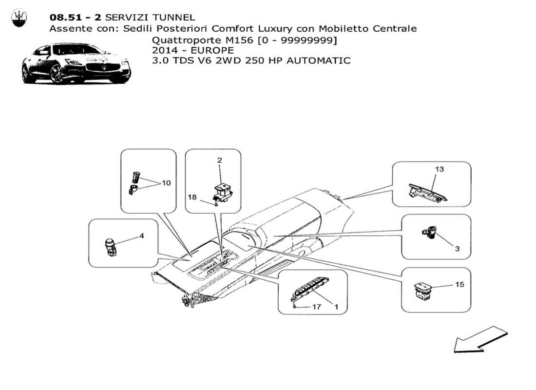 maserati qtp. v6 3.0 tds 250bhp 2014 diagramma delle parti dei dispositivi della console centrale