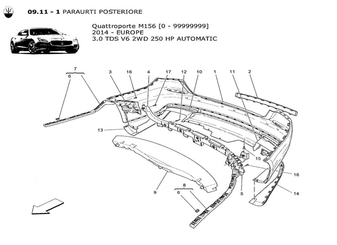 maserati qtp. v6 3.0 tds 250bhp 2014 schema delle parti paraurti posteriore