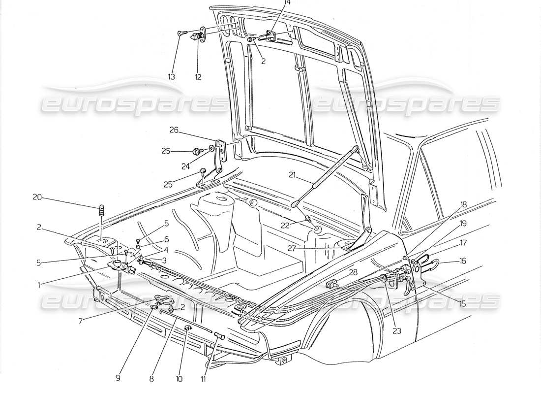 maserati 228 cofano: diagramma delle cerniere e delle parti di rilascio del cofano