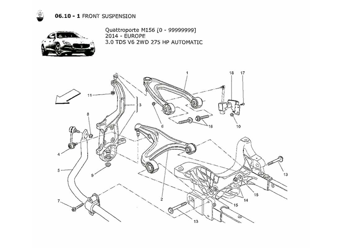 maserati qtp. v6 3.0 tds 275bhp 2014 diagramma delle parti della sospensione anteriore