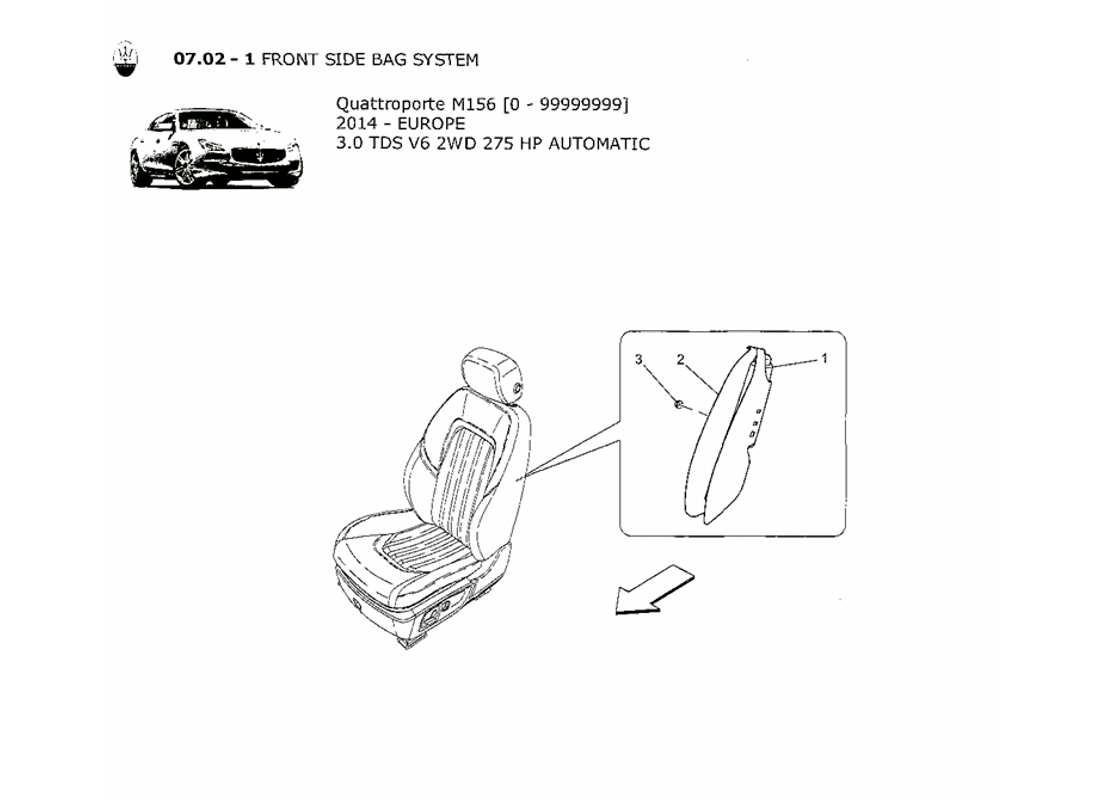 maserati qtp. v6 3.0 tds 275bhp 2014 diagramma delle parti del sistema borsa laterale anteriore