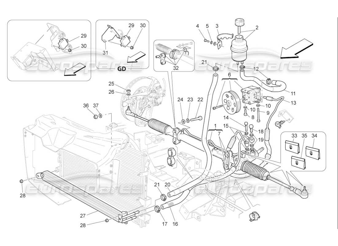 maserati qtp. (2010) 4.7 auto schema delle parti della scatola dello sterzo e della pompa dello sterzo idraulica