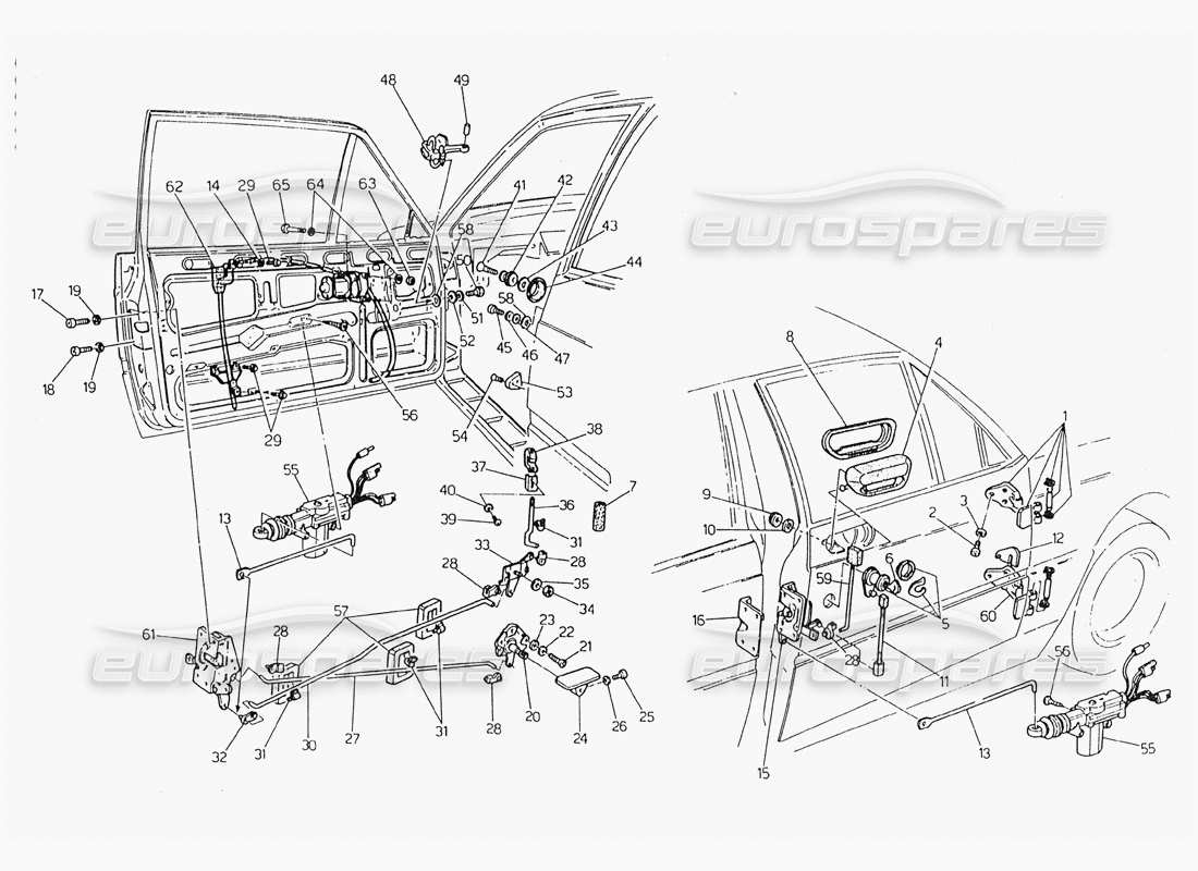 maserati 228 porte: schema delle parti di cerniere e controlli interni