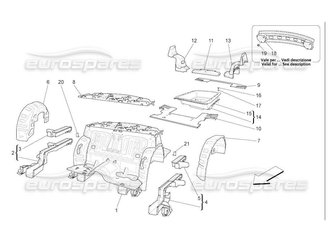 maserati qtp. (2007) 4.2 auto schema delle parti dei telai strutturali posteriori e dei pannelli in lamiera
