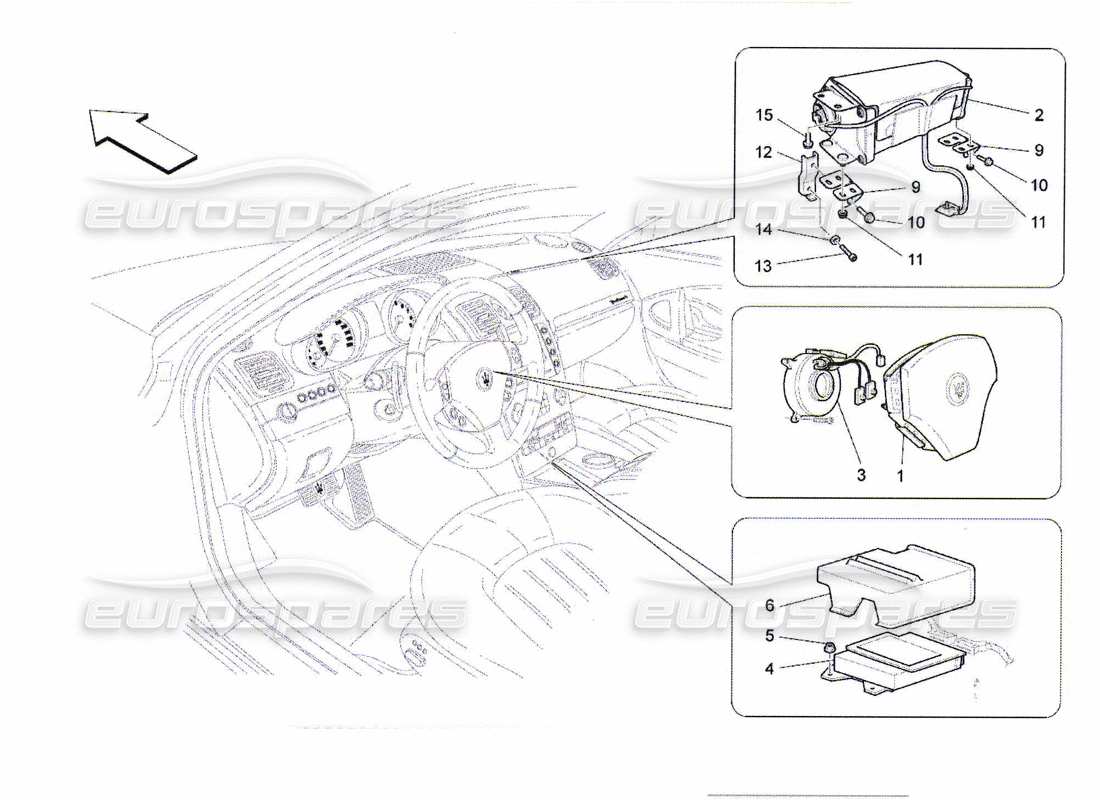 maserati qtp. (2010) 4.7 diagramma delle parti del sistema airbag anteriore