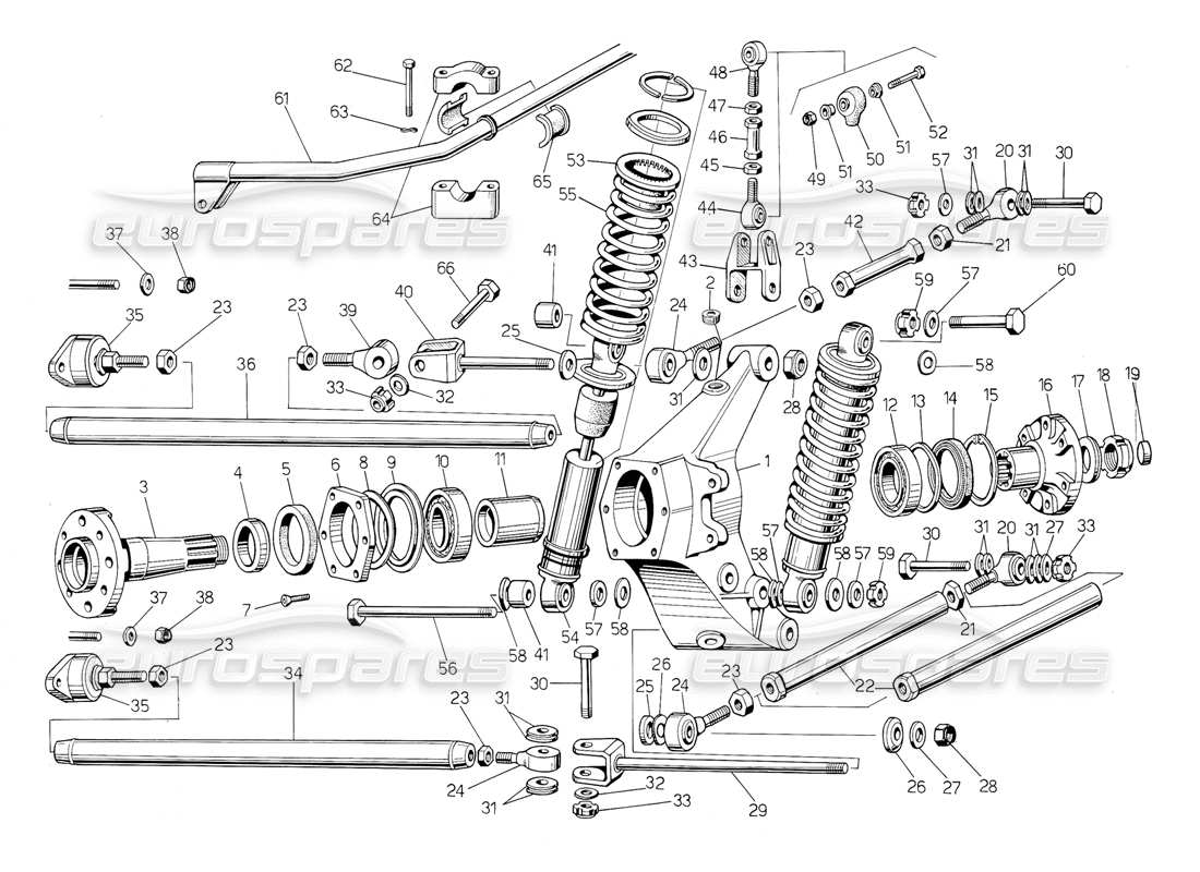 lamborghini countach 5000 qv (1985) diagramma delle parti della sospensione posteriore (valido per la variazione qv - gennaio 1987).