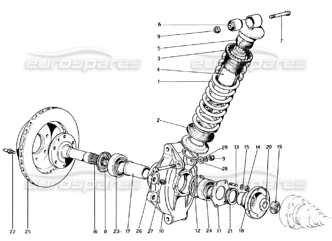 ferrari 308 gtb (1976) sospensione posteriore - ammortizzatore e disco freno schema parte