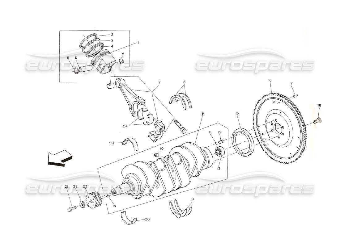 maserati shamal crankshaft, pistons, conrods, flywheel part diagram