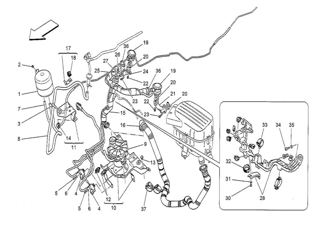 maserati qtp. v8 3.8 530bhp 2014 diagramma delle parti del sistema d'aria aggiuntivo