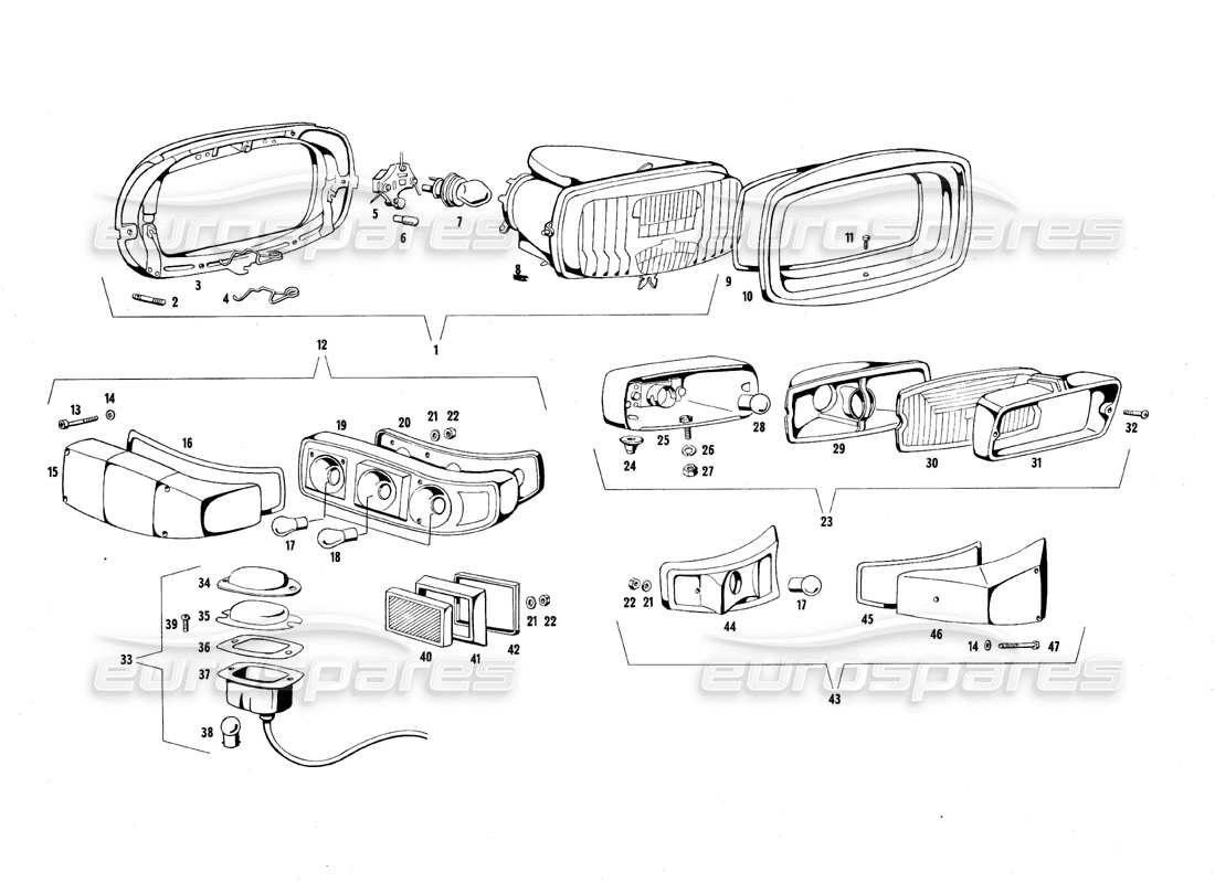 maserati qtp.v8 4.7 (s1 & s2) 1967 diagramma delle parti delle luci