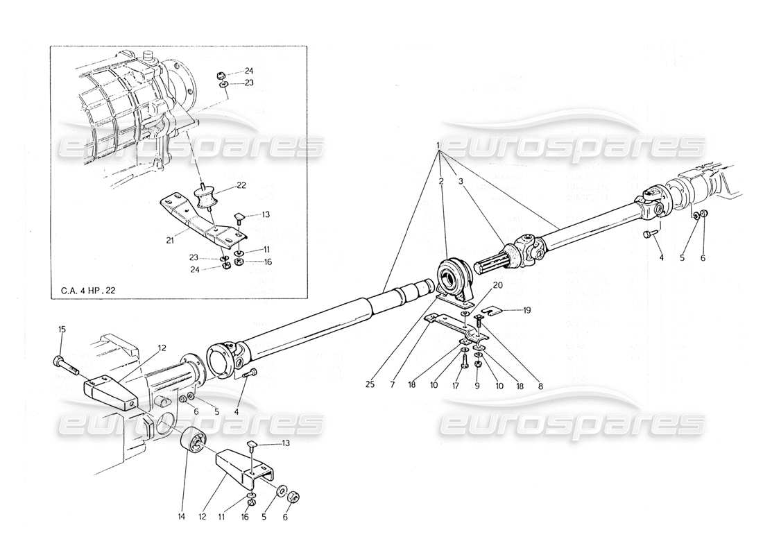 maserati 228 diagramma delle parti dell'albero dell'elica e del supporto