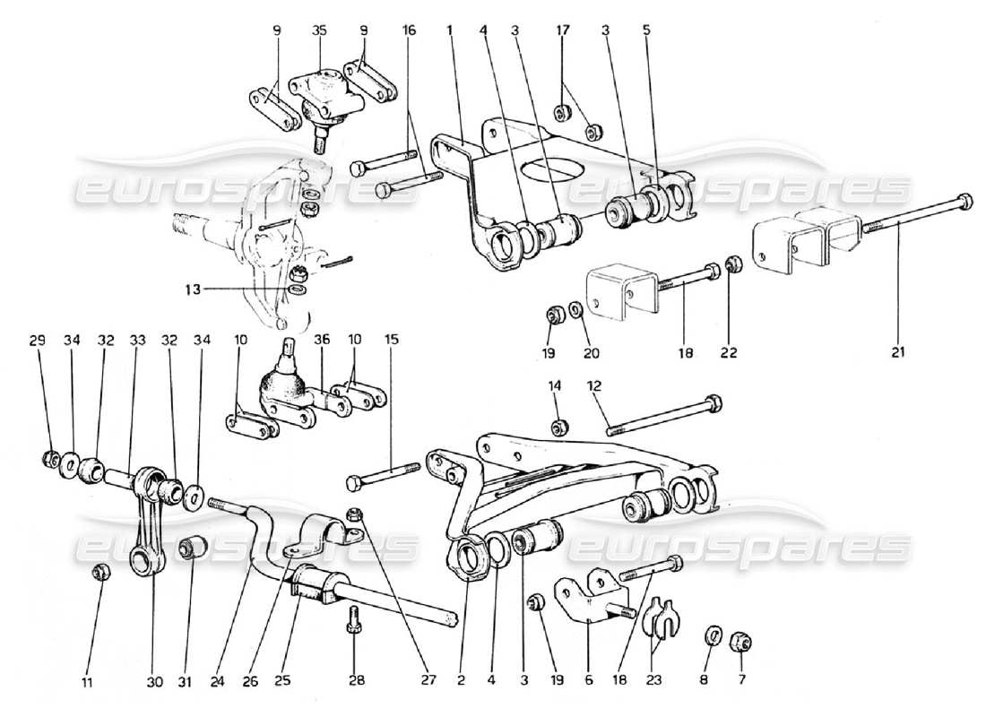 ferrari 308 gtb (1976) sospensione anteriore - bracci trasversali diagramma delle parti