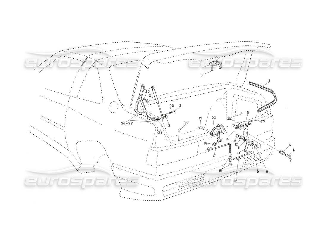 maserati shamal cofano bagagliaio: cerniere, comandi di apertura diagramma delle parti