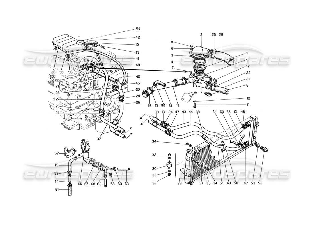 ferrari 365 gt4 berlinetta boxer schema delle parti del sistema di raffreddamento (dall'auto n. 17847).