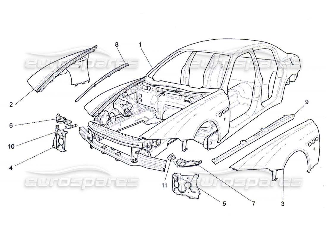 maserati qtp. (2010) 4.7 schema delle parti della carrozzeria e dei pannelli di rivestimento esterni anteriori