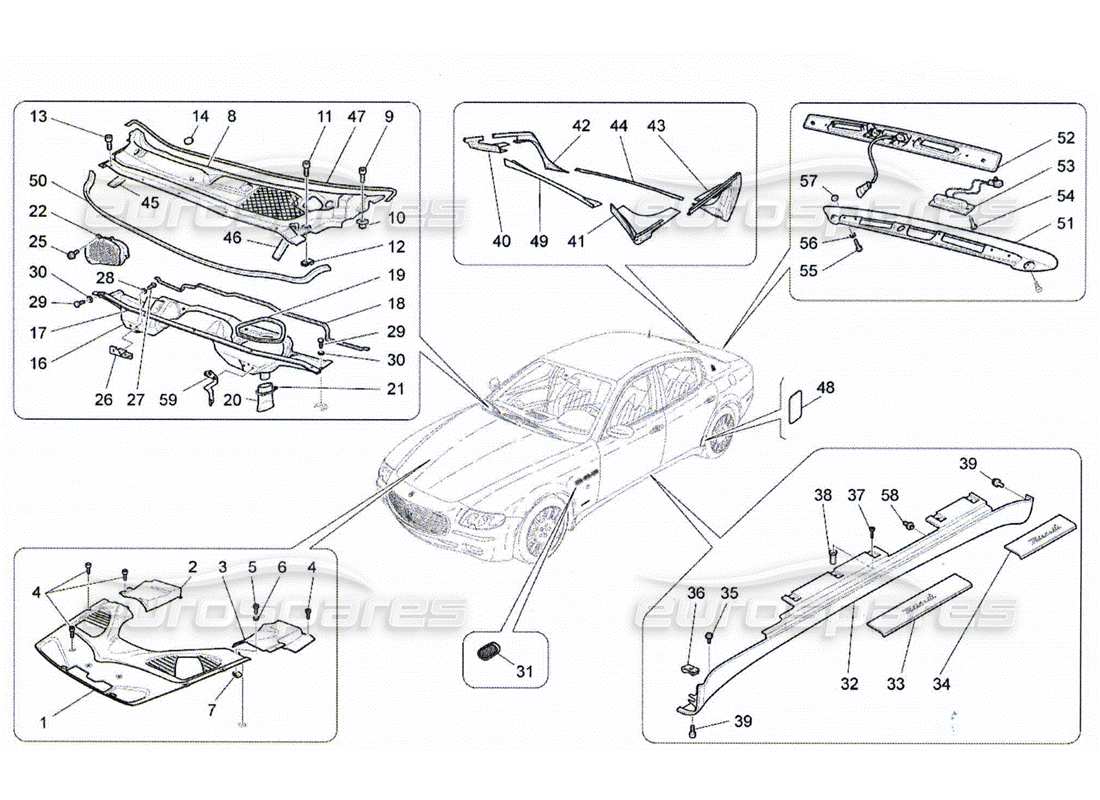 maserati qtp. (2010) 4.2 schema delle parti di scudi, finiture e pannelli di copertura