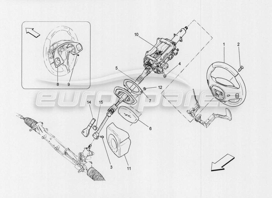 maserati qtp. v8 3.8 530bhp auto 2015 schema delle parti del piantone dello sterzo e dell'unità del volante