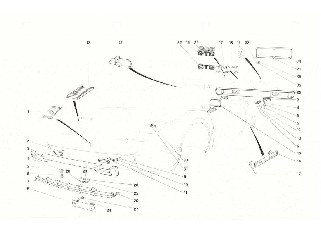 ferrari 208 gtb gts diagramma delle parti di paraurti e modanature