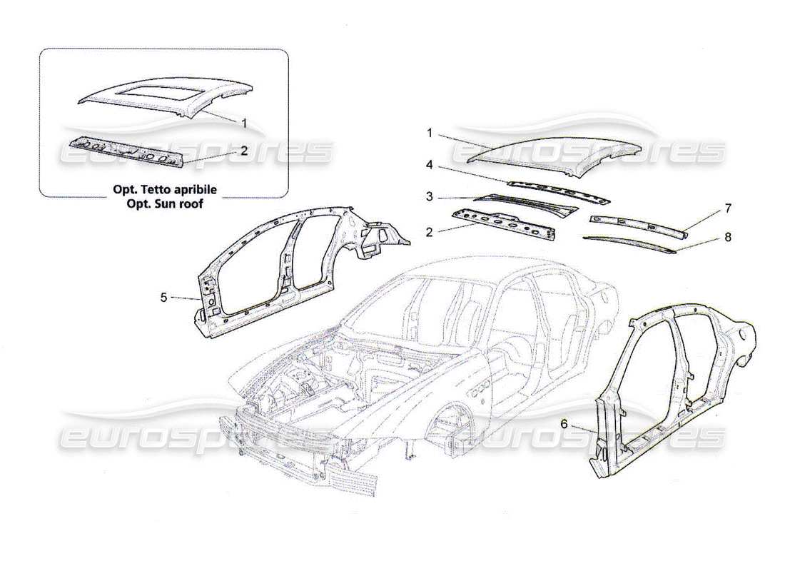 maserati qtp. (2010) 4.2 carrozzeria e pannelli di rivestimento esterni centrali diagramma delle parti