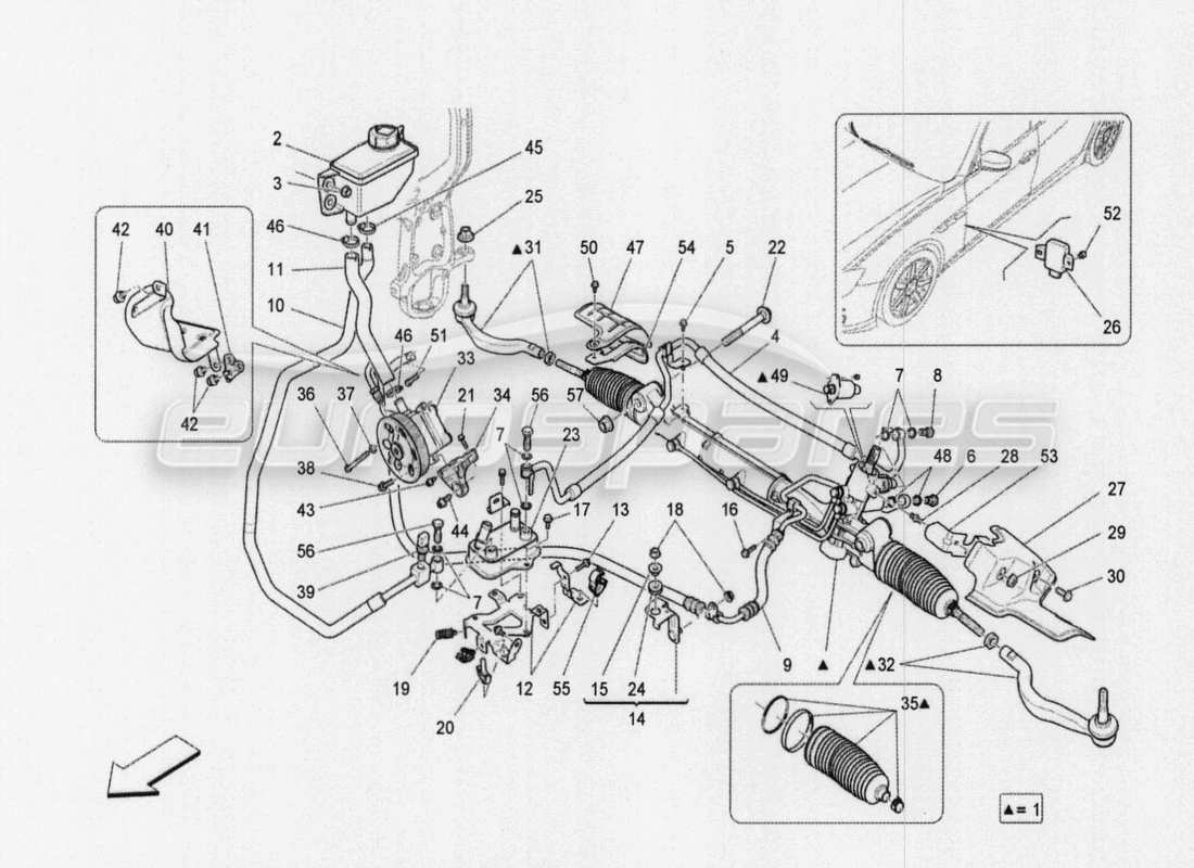 maserati qtp. v8 3.8 530bhp auto 2015 unità cremagliera sterzo completa schema delle parti