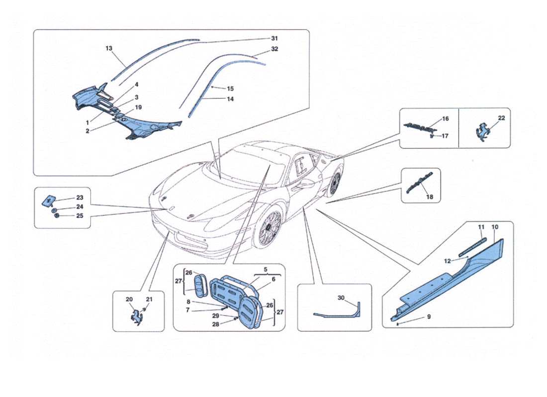 ferrari 458 challenge paratie - schema delle parti finiture esterne