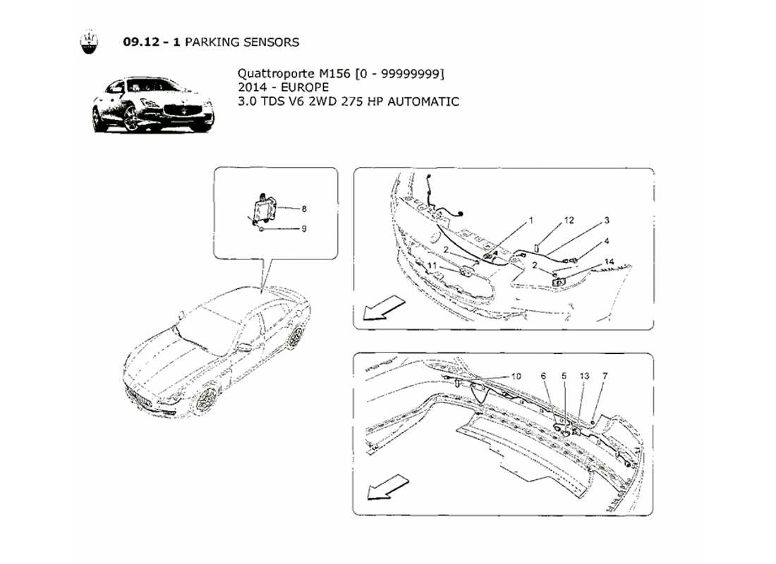 maserati qtp. v6 3.0 tds 275bhp 2014 diagramma delle parti dei sensori di parcheggio